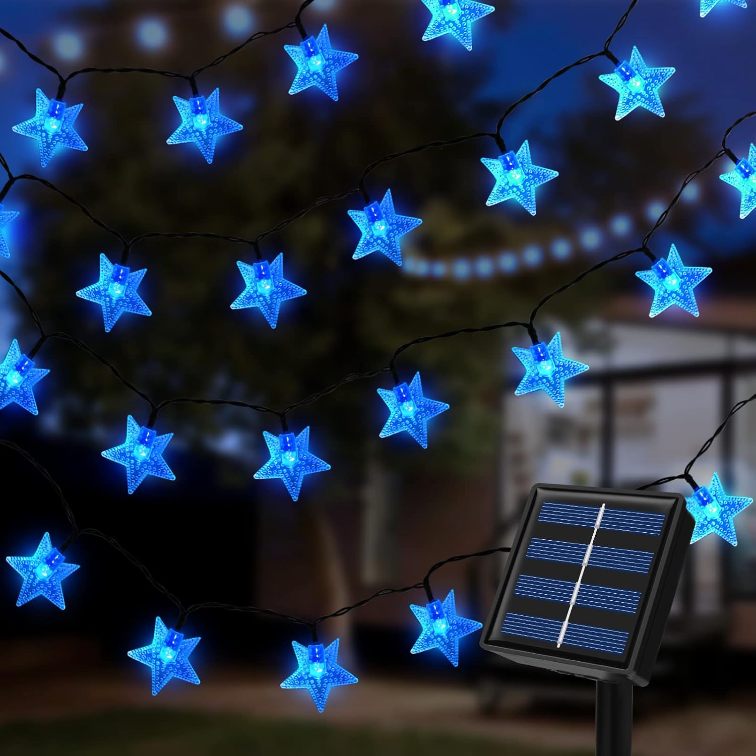 7m Solar Blue Star String Lights – 50 LEDs, 8 Modes, Waterproof Outdoor Fairy Lights for Christmas, Wedding, Yard, Patio, Lawn, and Wall Decoration