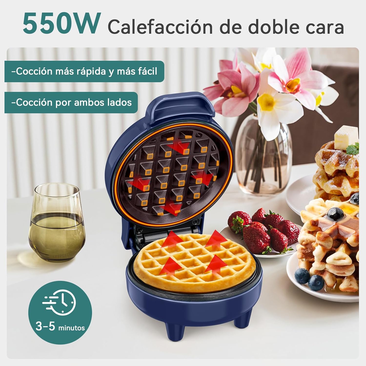 Snailar Mini Waffle Maker – 550W Nonstick Compact Waffle Iron, Ready Indicator Light, Cool Touch Handle, Easy Clean, Blue