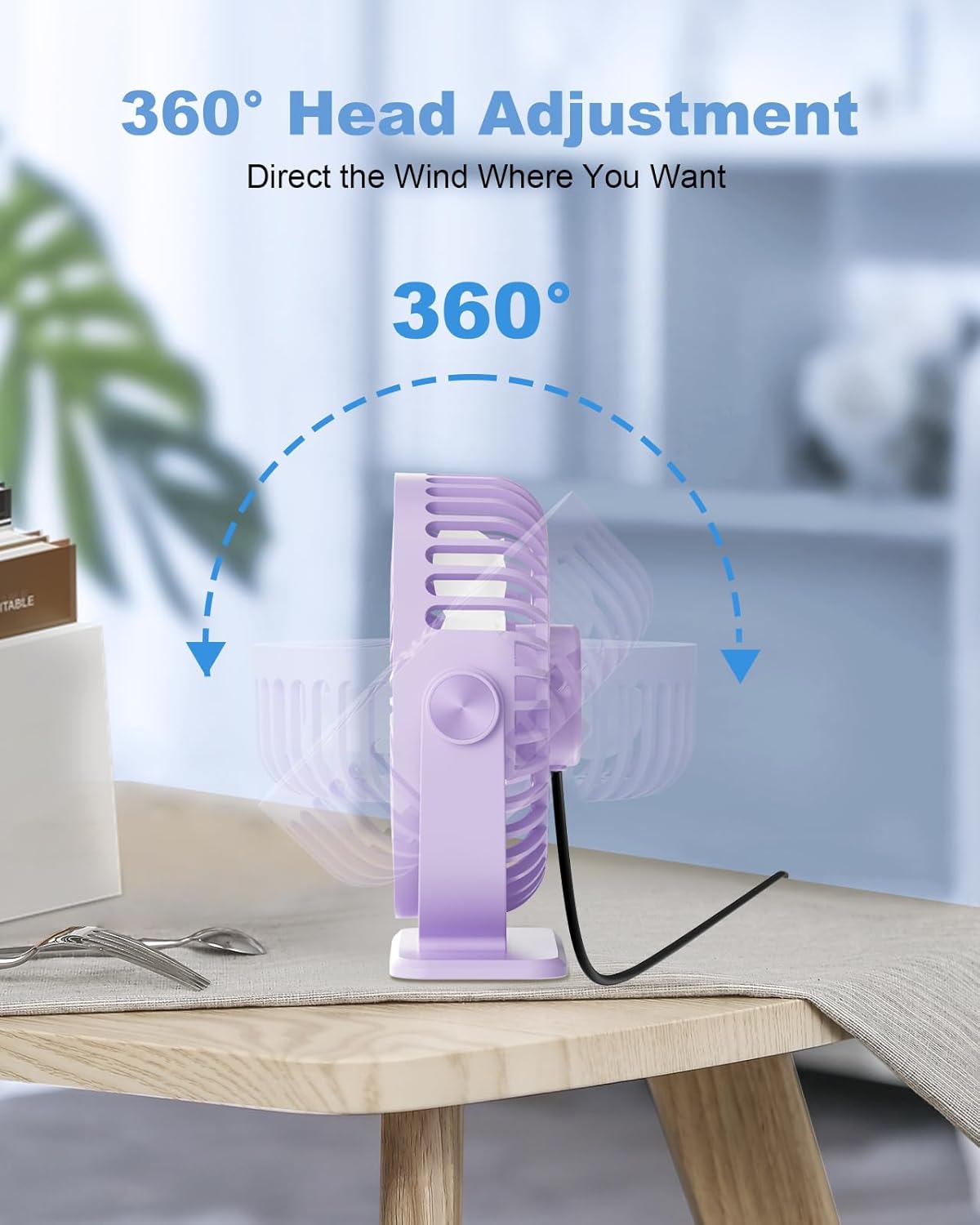 TriPole Desk Fan for Home, Portable USB Handheld Fan 3 Speeds Powerful Table Fan Silent, 360°Adjustable Mini Cooling Fans, Electric small Desktop Quiet Fans for Bedroom, Office, Library, Travel,Purple