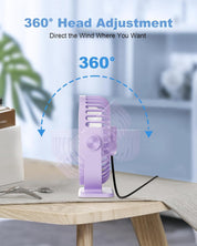 TriPole Desk Fan for Home, Portable USB Handheld Fan 3 Speeds Powerful Table Fan Silent, 360°Adjustable Mini Cooling Fans, Electric small Desktop Quiet Fans for Bedroom, Office, Library, Travel,Purple