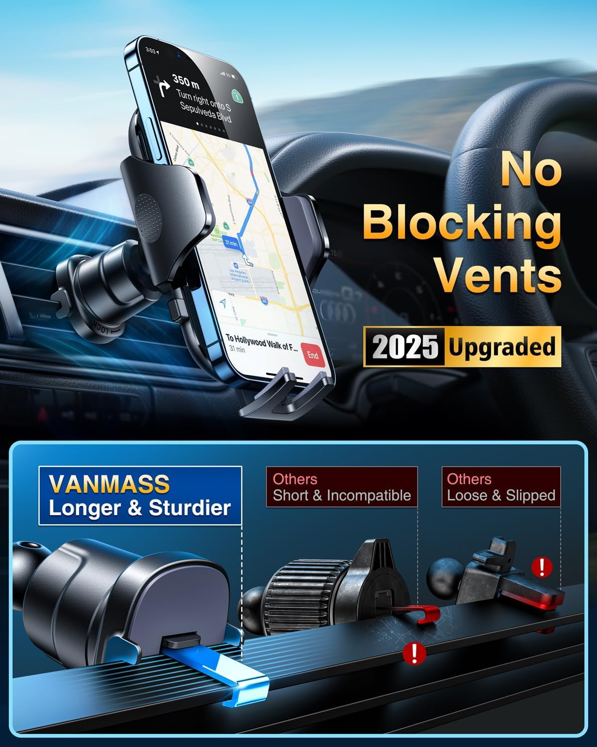 VANMASS 2025 Black Car Phone Holder with Upgraded Suction & Vent Clip
