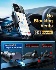 VANMASS 2025 Black Car Phone Holder with Upgraded Suction & Vent Clip