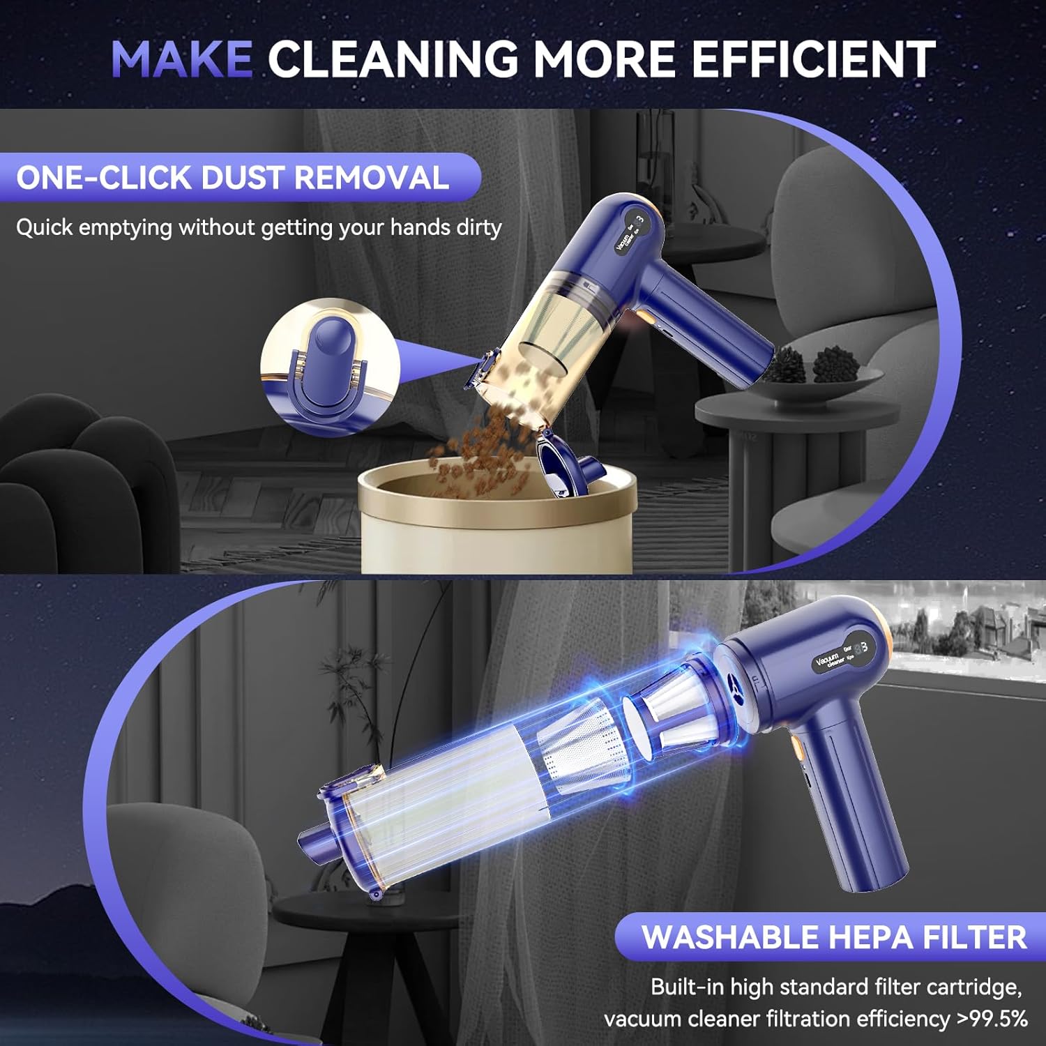Car Vacuum Cleaner Cordless 15000Pa Handheld with LED Display – Purple