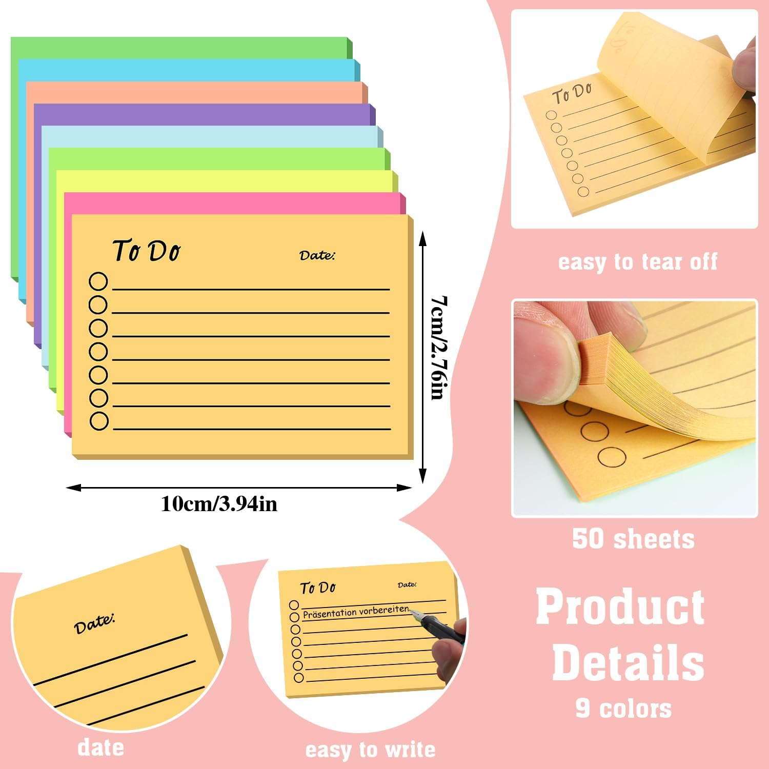 9-Pack To-Do List Sticky Notes, Colorful Lined Self-Stick Notepads, 450 Sheets