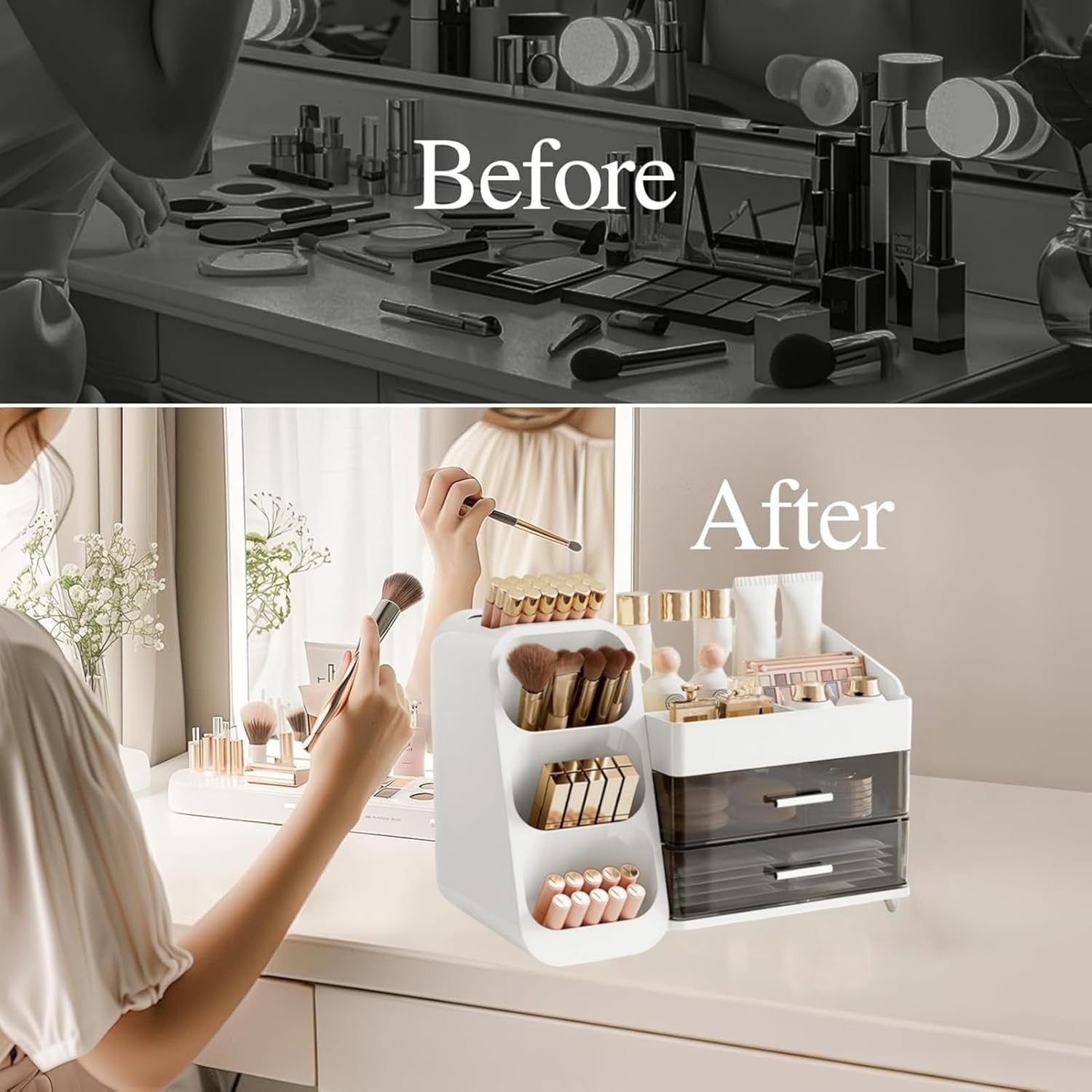 Makeup Organizer with Brush Holder – Skincare & Cosmetic Storage Box with Drawers
