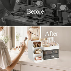 Makeup Organizer with Brush Holder – Skincare & Cosmetic Storage Box with Drawers