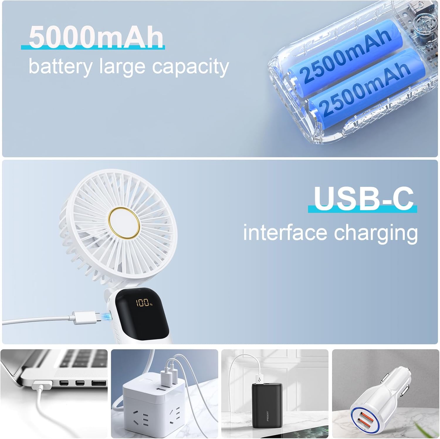 Portable Handheld Fan 5000mAh, 5-Speed USB Mini Fan