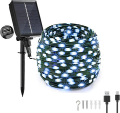 Solar Fairy Lights Outdoor Garden - 65Ft/20m 200 LED Solar Powered String Lights, USB Charging, Remote, 8 Modes Waterproof Lights for Garden, Yard, Tree Deco - Warm White