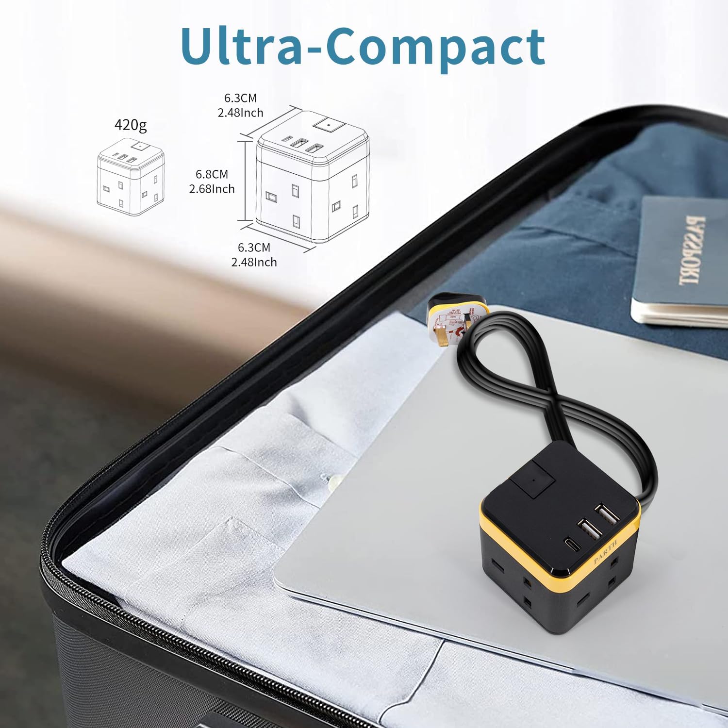 Cube Extension Lead 3 Way with 3 USB (PD 18W) – 2M Cable, 13A/3250W Multi Plug Socket with Switch & Child Safety