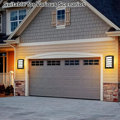 Garage door with lights on a house exterior, suitable for various scenarios