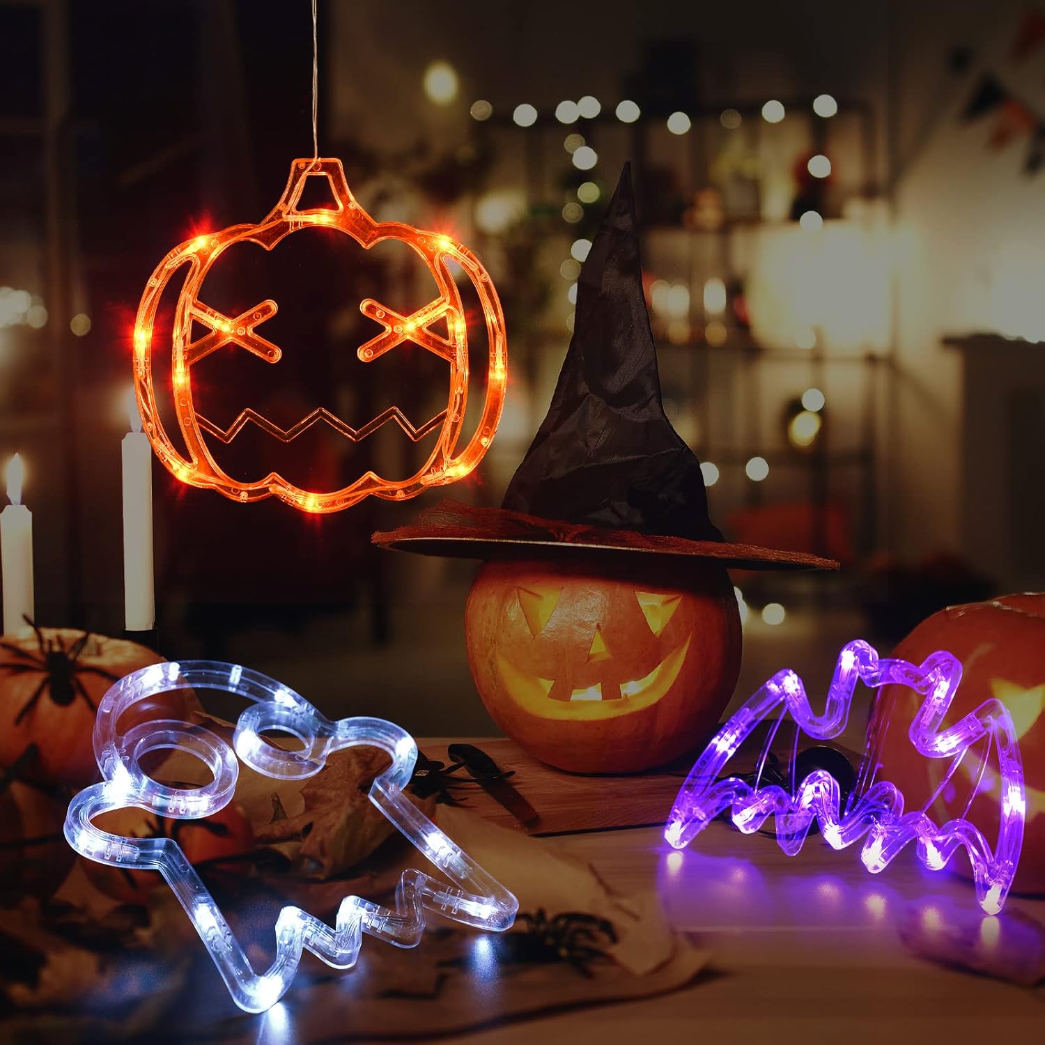 Halloween Window Lights 3 Pack Pumpkin Ghost Bat LED Decorations