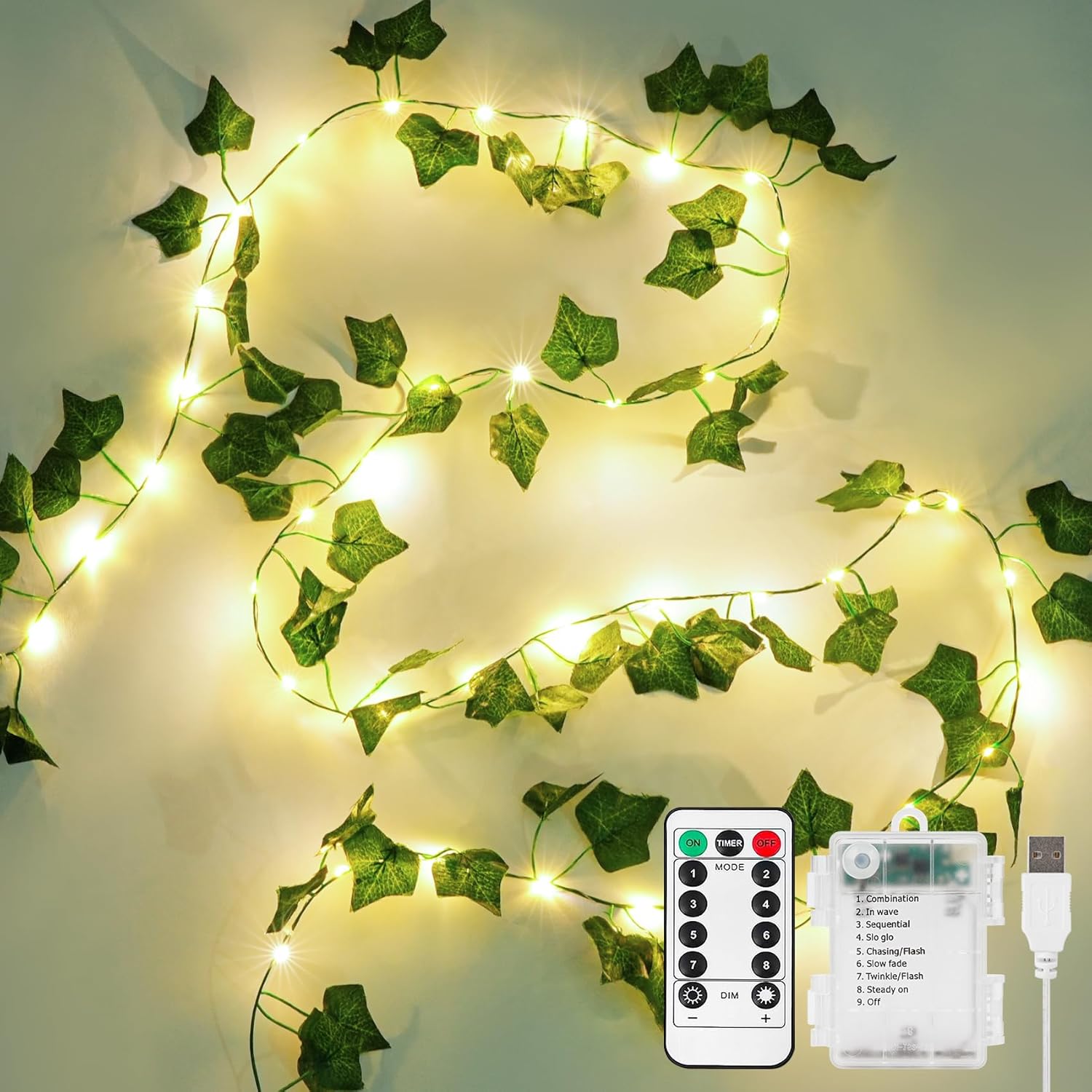 Artificial Ivy Vine Fairy Lights with Remote, 100 LED Warm White Battery and USB Powered Garland for Indoor and Outdoor Wall Décor