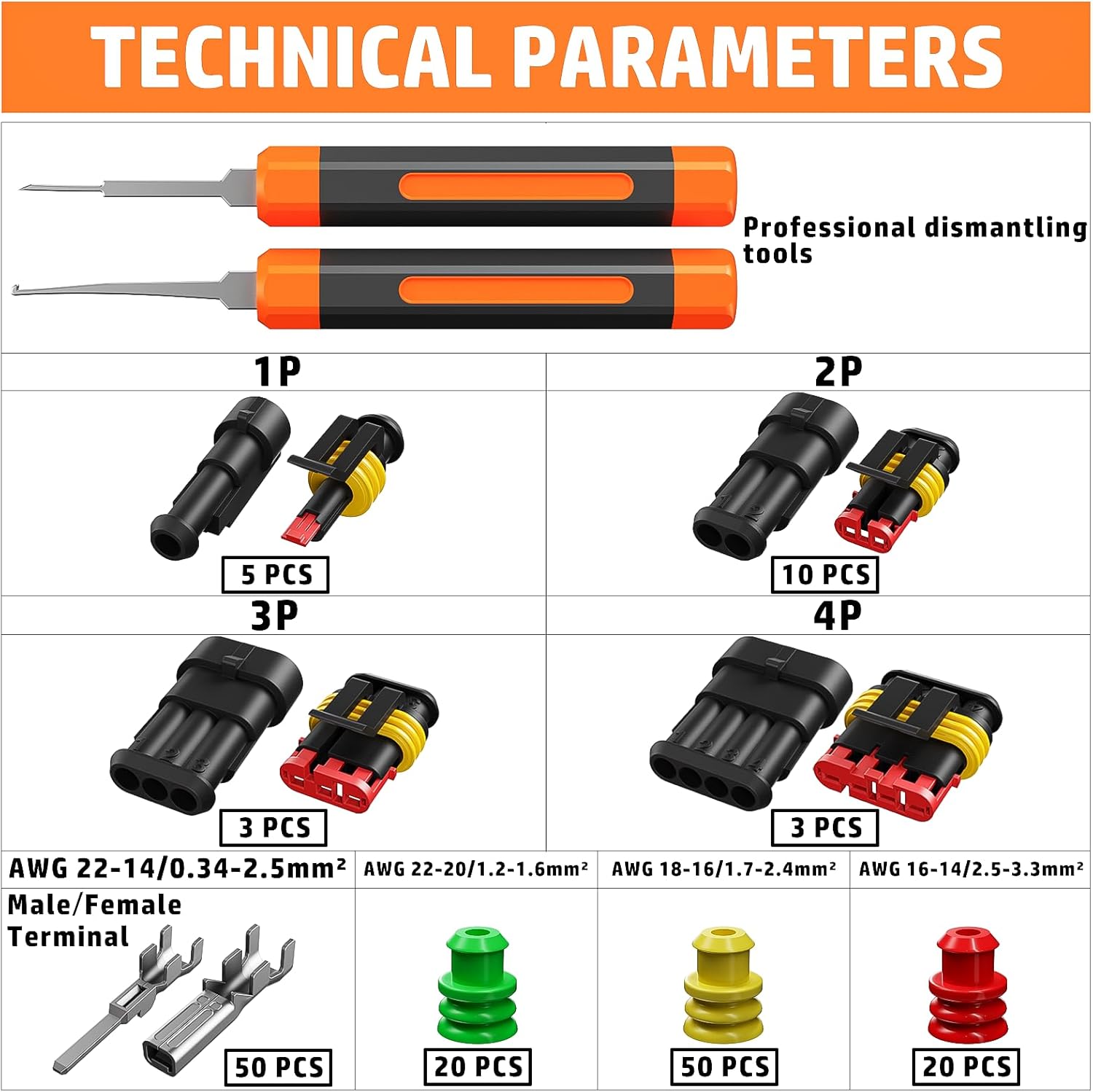 PEBA Waterproof Automotive Electrical Connectors Kit, Automotive Male/Female 1/2/3/4-Pin & Connector Plug and Ratchet Crimping Tool AWG 22-14, Ideal for Cars, Motorcycles & Boats | Pin Removal Tool