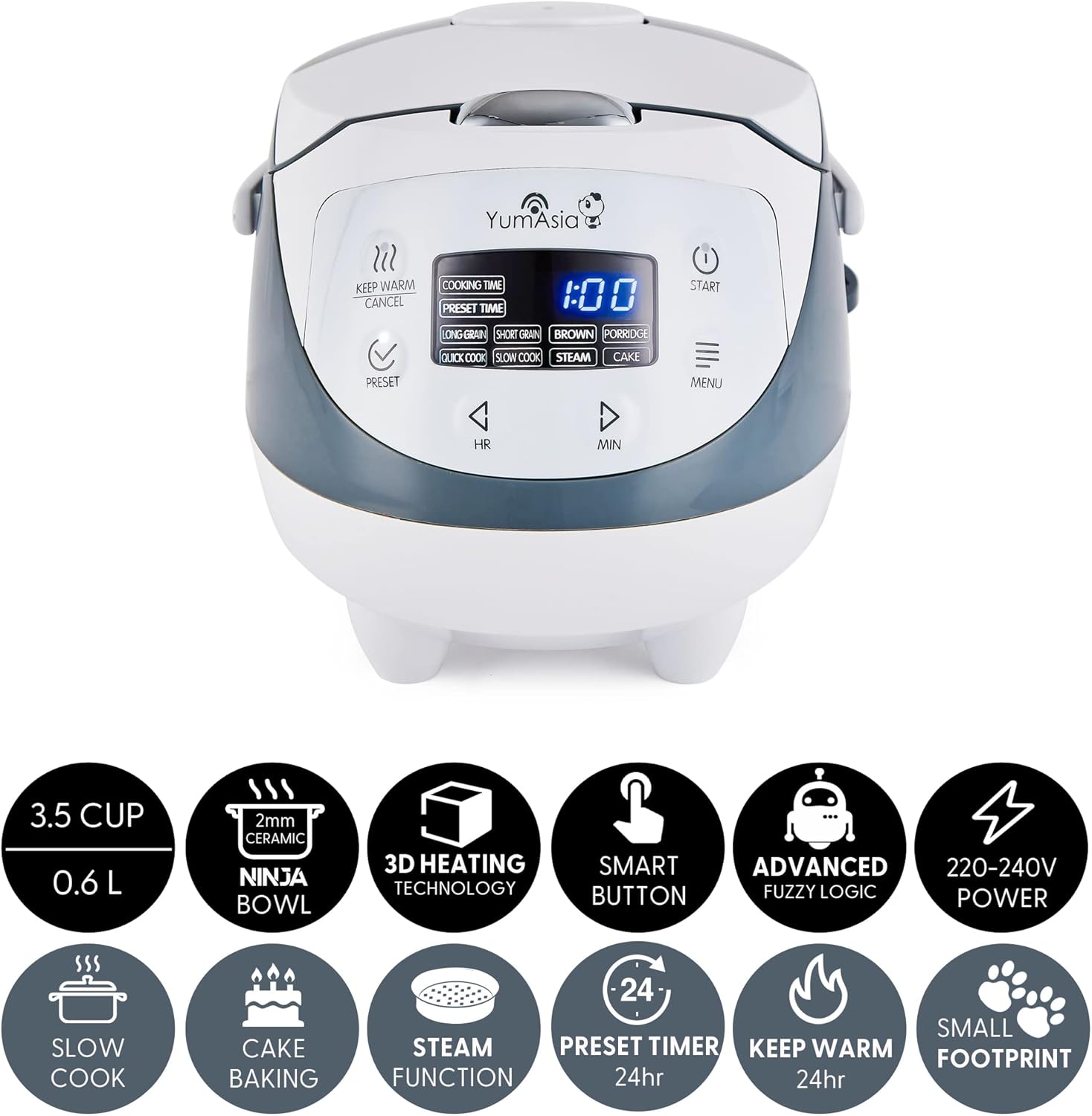 Yum Asia Panda Mini Rice Cooker 3.5 Cup White & Grey