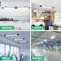 Light fixture in various indoor settings including a kitchen, laundry room, office, and garage.
