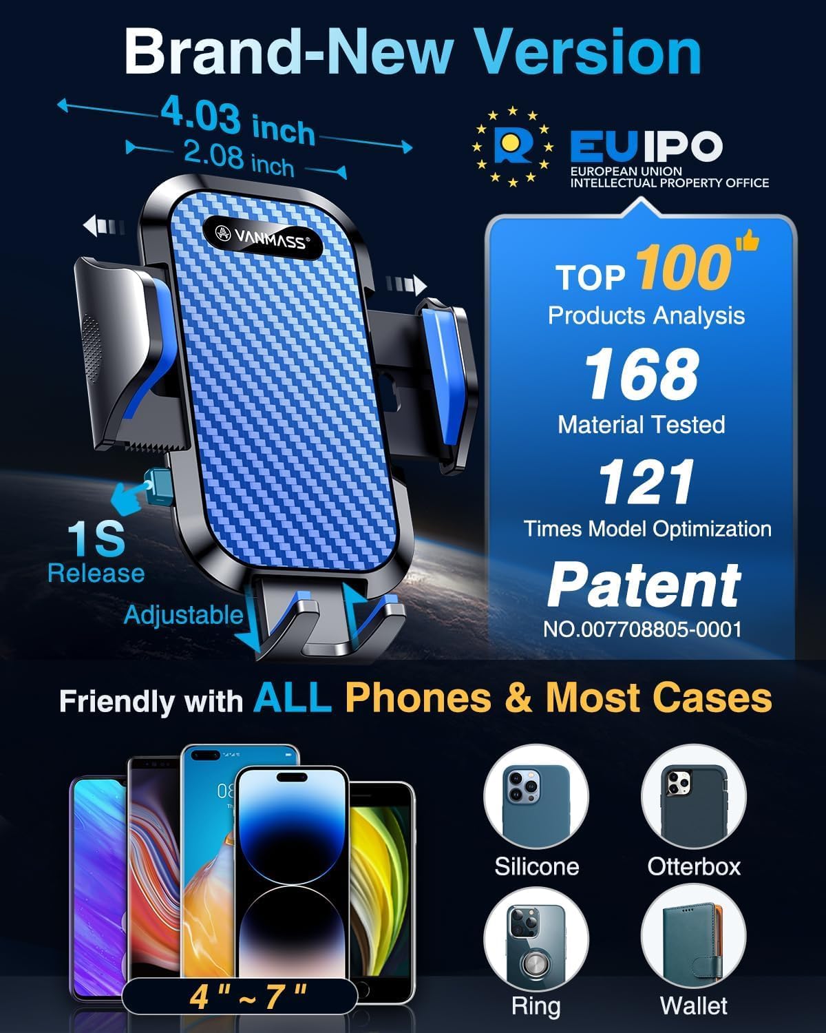VANMASS Blue Car Phone Holder [Upgraded Suction & Clip] Universal Mount