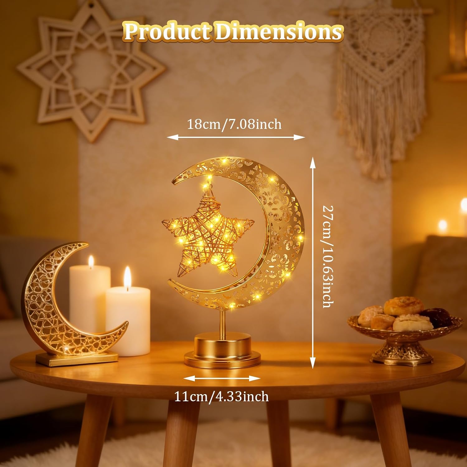 Ramadan Crescent Moon Table Lamp – Battery Operated Half Moon LED Night Light with Star Design, Eid Decorations for Bedroom & Home