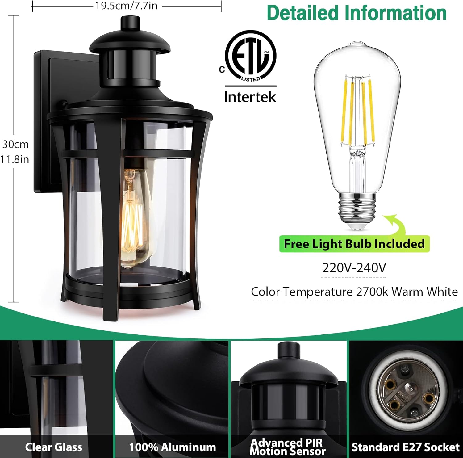 Outdoor wall light fixture with clear glass shade, black finish, and E27 socket, featuring Intertek certification and free light bulb included.