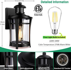 Outdoor wall light fixture with clear glass shade, black finish, and E27 socket, featuring Intertek certification and free light bulb included.