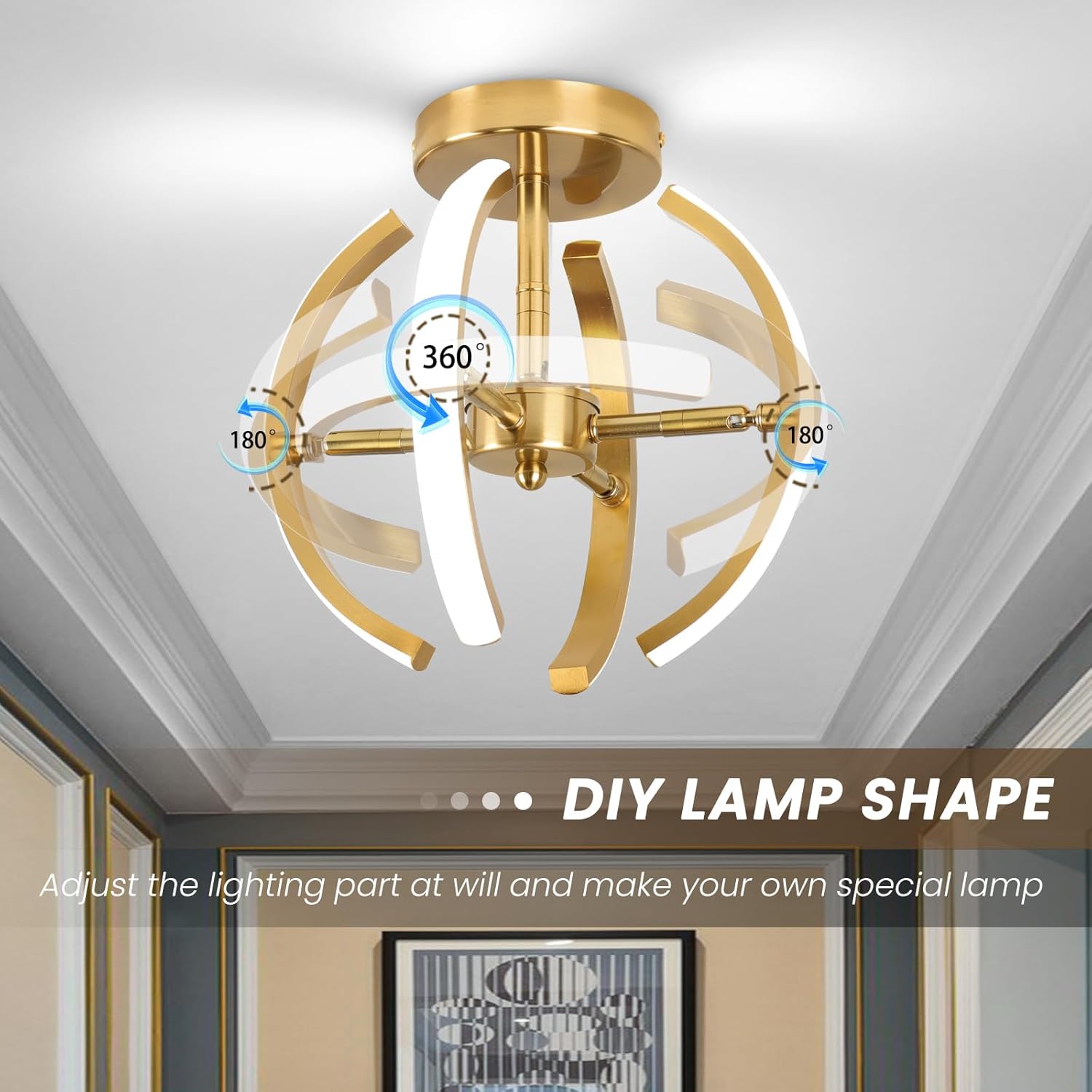 LED Ceiling Light, Elegant Gold Curved Design with 4 Strips, 22W Modern Ceiling Fixture for Hallway, Office, Bedroom, Kitchen, Living Room, Dining Room (Cool White 6000K)