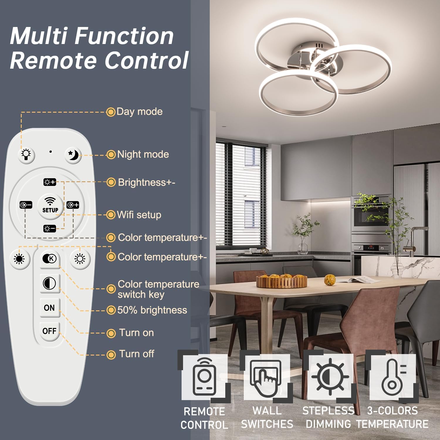 Modern LED Ceiling Light 45W Silver Dimmable Round Lamp with Remote ...