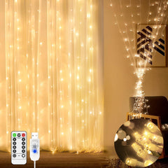 Curtain Fairy Lights Indoor Outdoor 200 LED 2mx2m Waterfall Plug in String Lights Waterproof Window Lights USB, Remote Timer 8 Modes for Bedroom Wall Wedding Party Xmas Decoration-Warm White