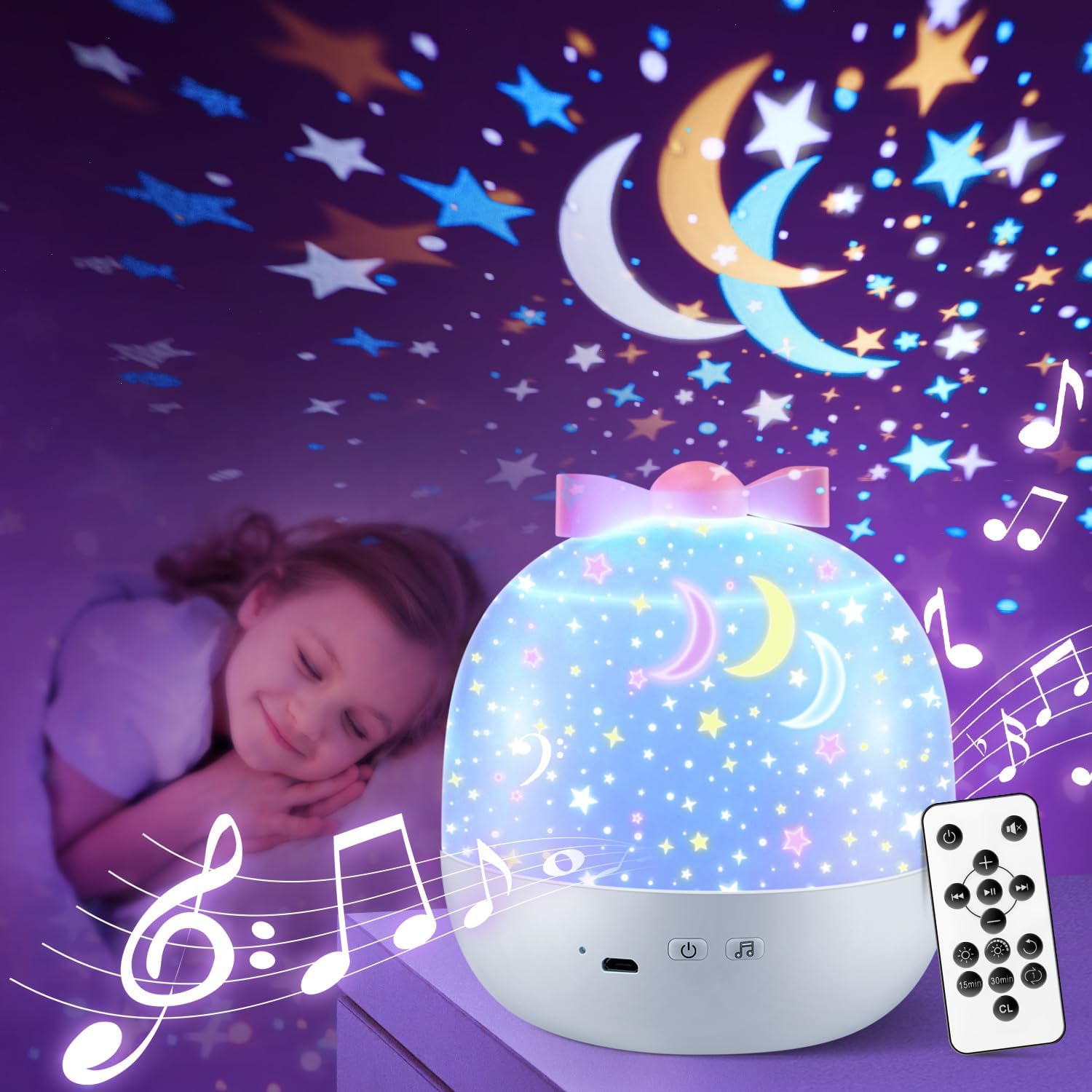 Kids' Night Light, 15 Films, 10 White Noises, Remote, 144 Lights, Star Projector, USB Rechargeable, 360° Rotate