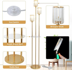 Gold floor lamp with labeled features including foot switch, K9 crystal shade, acrylic board shelf, and stable base.