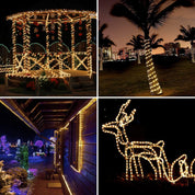 Collage of outdoor scenes with decorative string lights, including a gazebo, palm trees, building exterior, and reindeer figure.