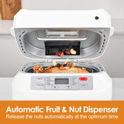 12-in-1 Bread Maker with Gluten-Free Setting & Auto Nut Dispenser – Nonstick Pan, 2 Loaf Sizes, 13H Delay Timer – White