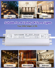 LED power supply with applications shown in various scenes on a blue background