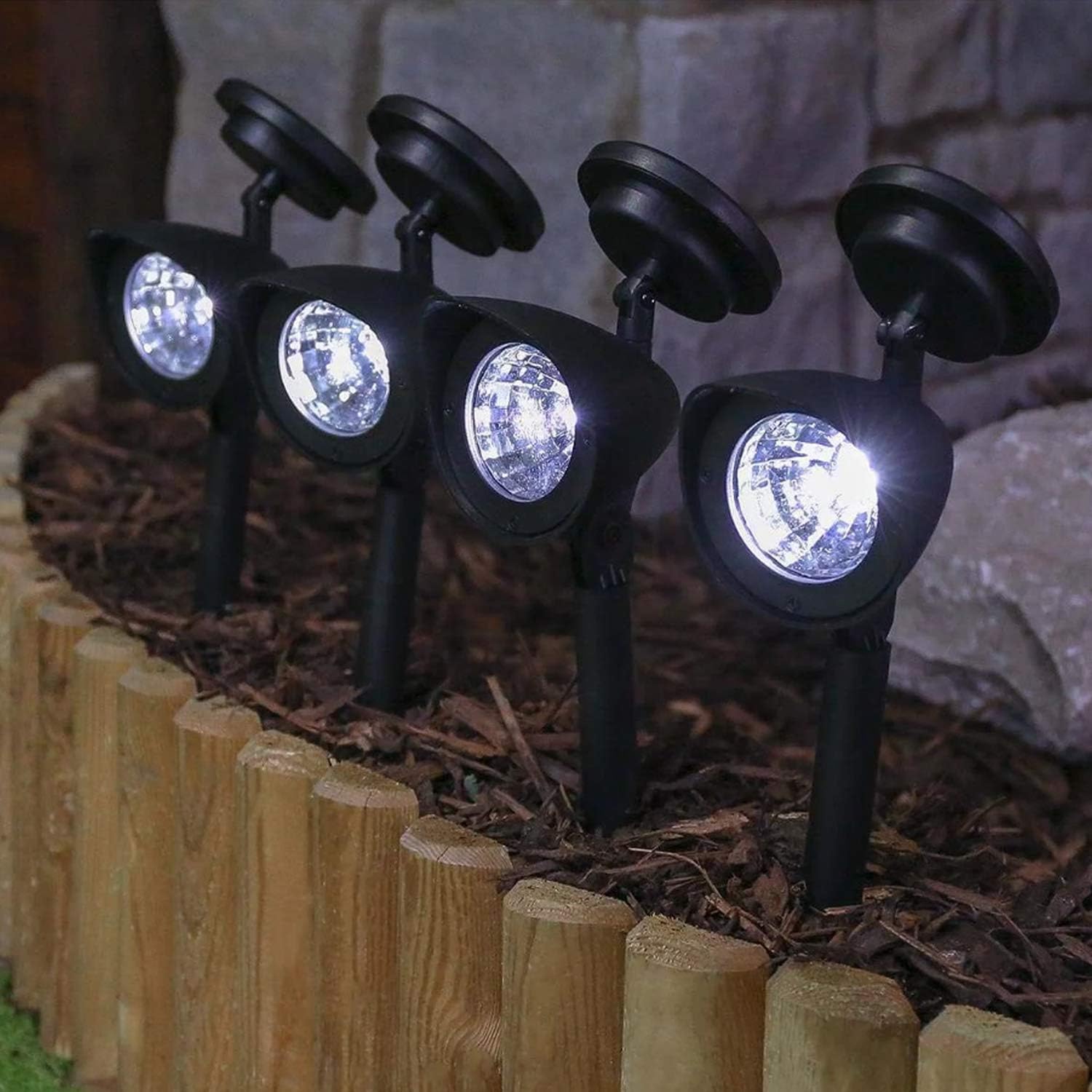 Modern LED Prima Super Bright Spot Lights: Solar Powered, Adjustable Multi-Directional Stake Lights for Patio, Driveway, Pathway - Set of 4, Black