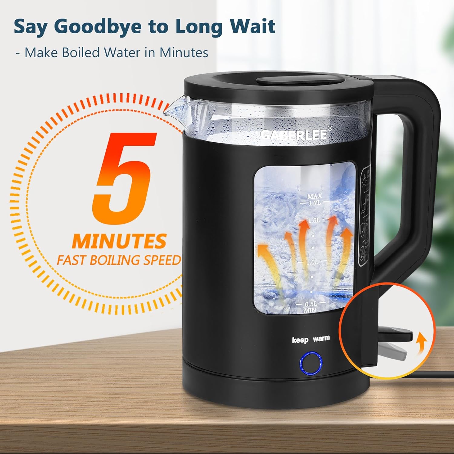 GABERLEE Electric Kettle 1.7L Glass Quiet Boil, 3000W Fast Heat, LED, Keep Warm