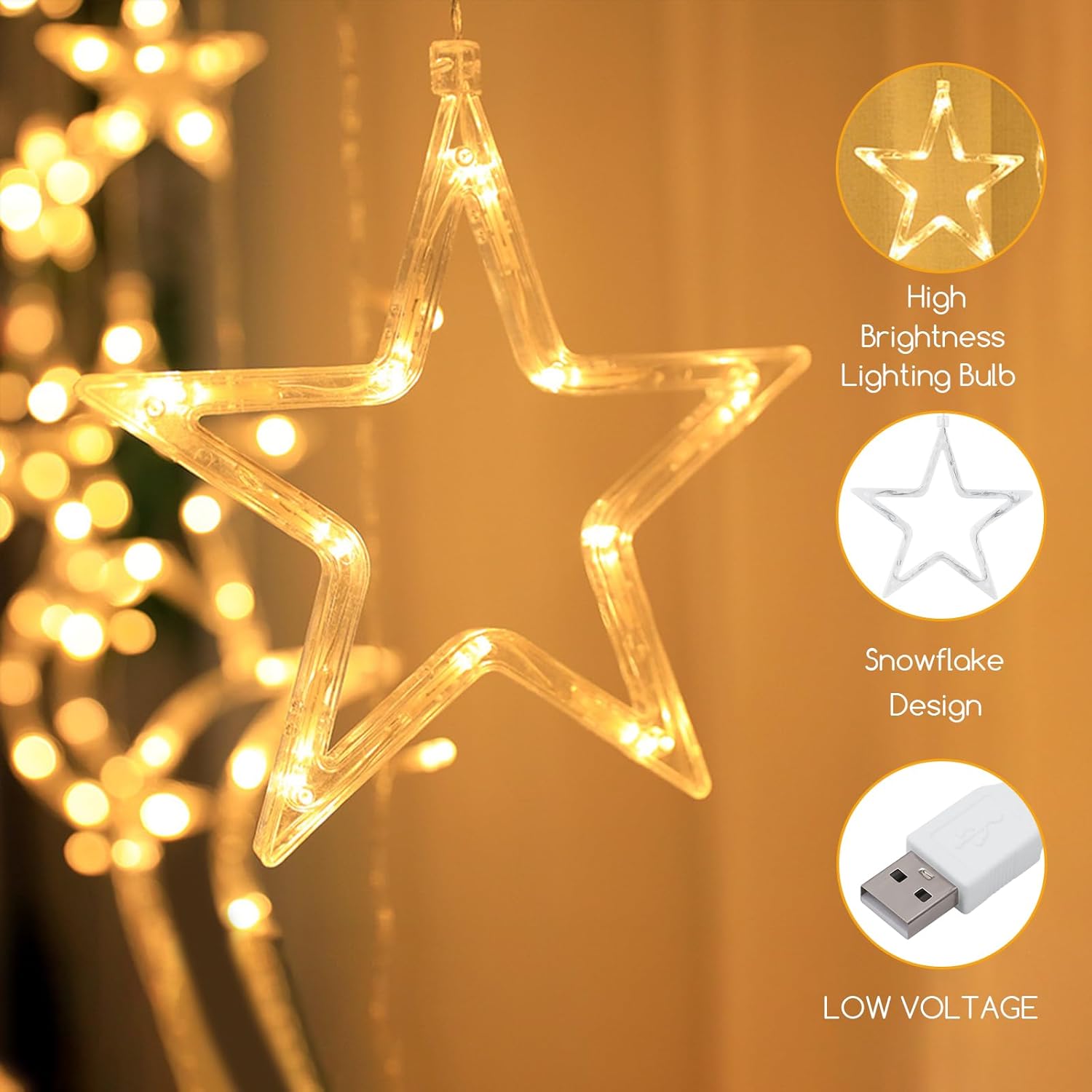 Ramadan Star Moon LED Curtain Lights – 3.5M Warm White String Lights with 8 Flashing Modes, USB & Battery Powered for Indoor and Outdoor Decoration