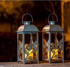 2-Pack Blue Hummingbird Solar Lanterns - Hanging Ornate Lights with Flickering Candle LED and Handle, 14cm x 28cm