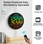 10'' Digital LED Wall Clock – Night Light, Alarm, Remote, RGB, Temp & Date