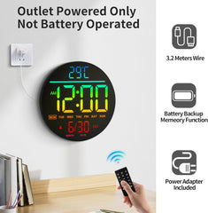 10'' Digital LED Wall Clock – Night Light, Alarm, Remote, RGB, Temp & Date