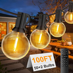 FUKOOLE 30M/100Ft Outdoor String Lights Mains Powered, 50+2 LED Garden String Lights, Waterproof Festoon Lights Outdoor