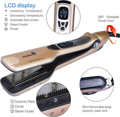 Professional Steam Hair Straightener Flat Iron with Anti-Scald Comb, Adjustable Temp & Auto Shut-Off