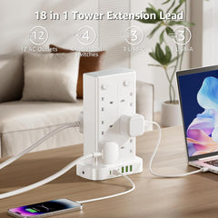 12-Way Tower Extension Lead 3M with 3 USB-C & 3 USB-A Ports, 4 Switches, 13A 3250W