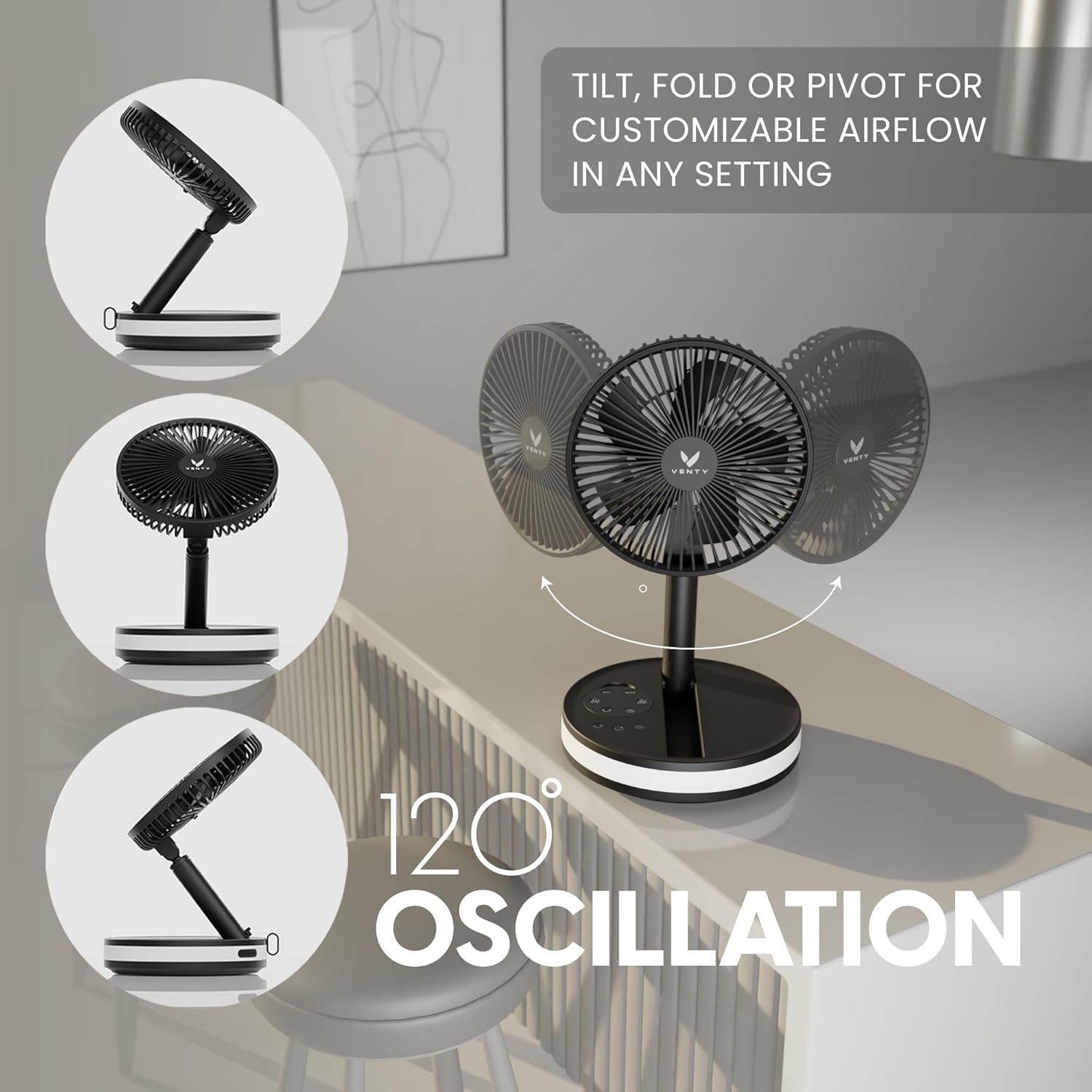 Portable Wireless Rechargeable Fan with LED & Remote Control - Black