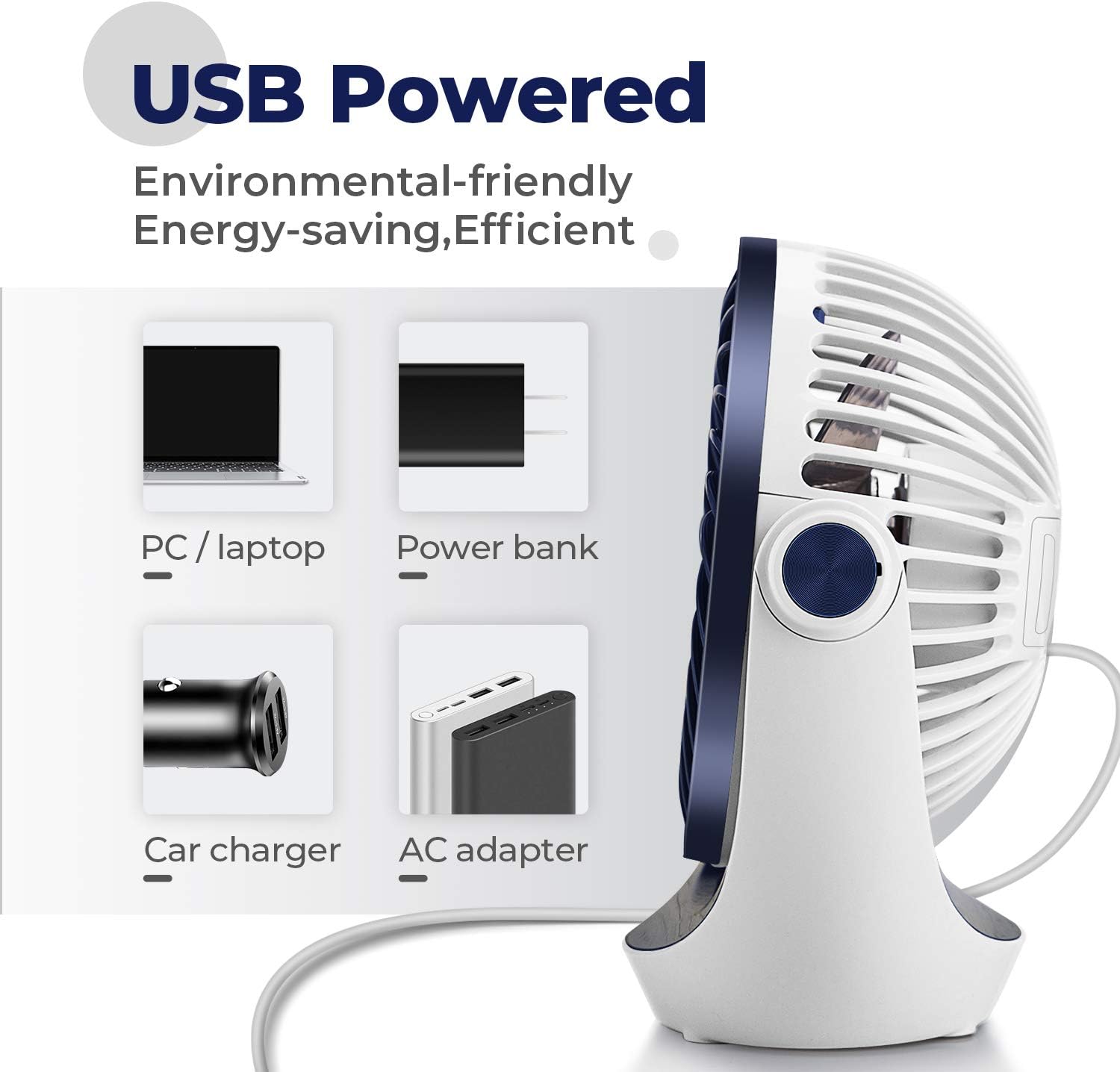 OCOOPA USB Desk Table Fan with Strong Airflow & Quiet Operation, Portable Cooling Fan Speed Adjustable 360°Rotatable Head for Home Office Bedroom Table and Desktop