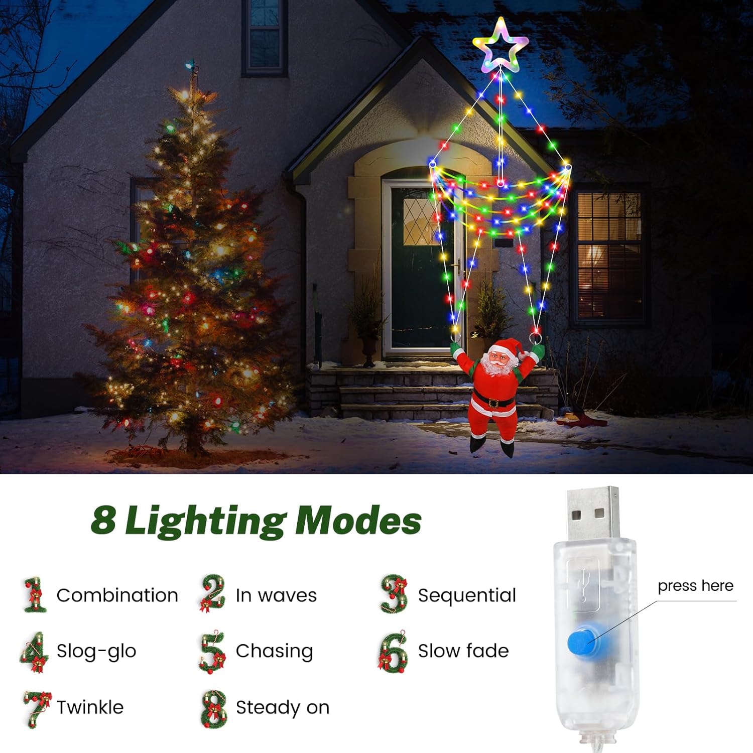 8 lighting modes for customizable festive glow