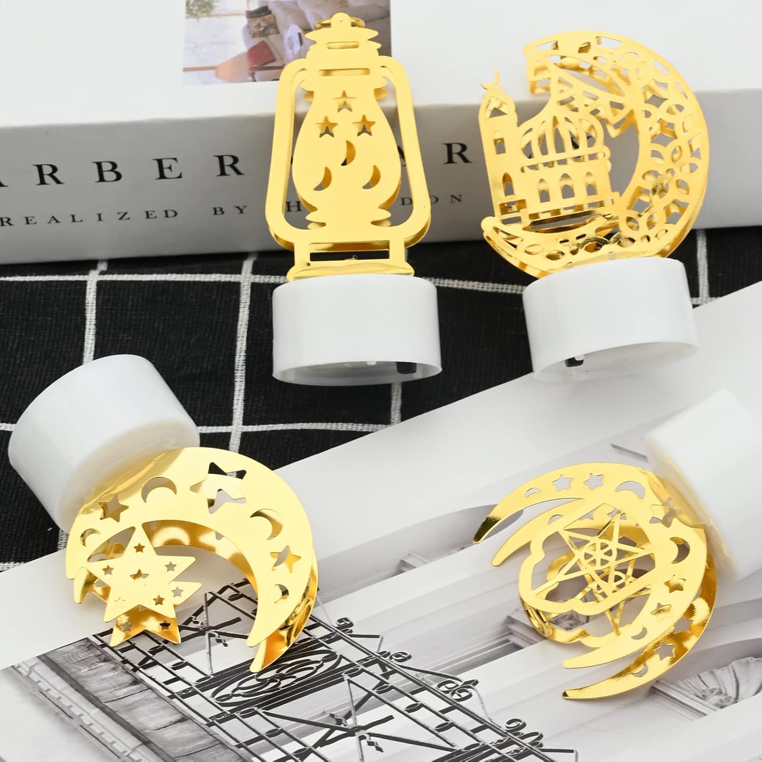 Ramadan LED Candle Lights Set of 4 – Gold Castle, Moon & Pagoda Eid Table Decorations for Home & Party Decor