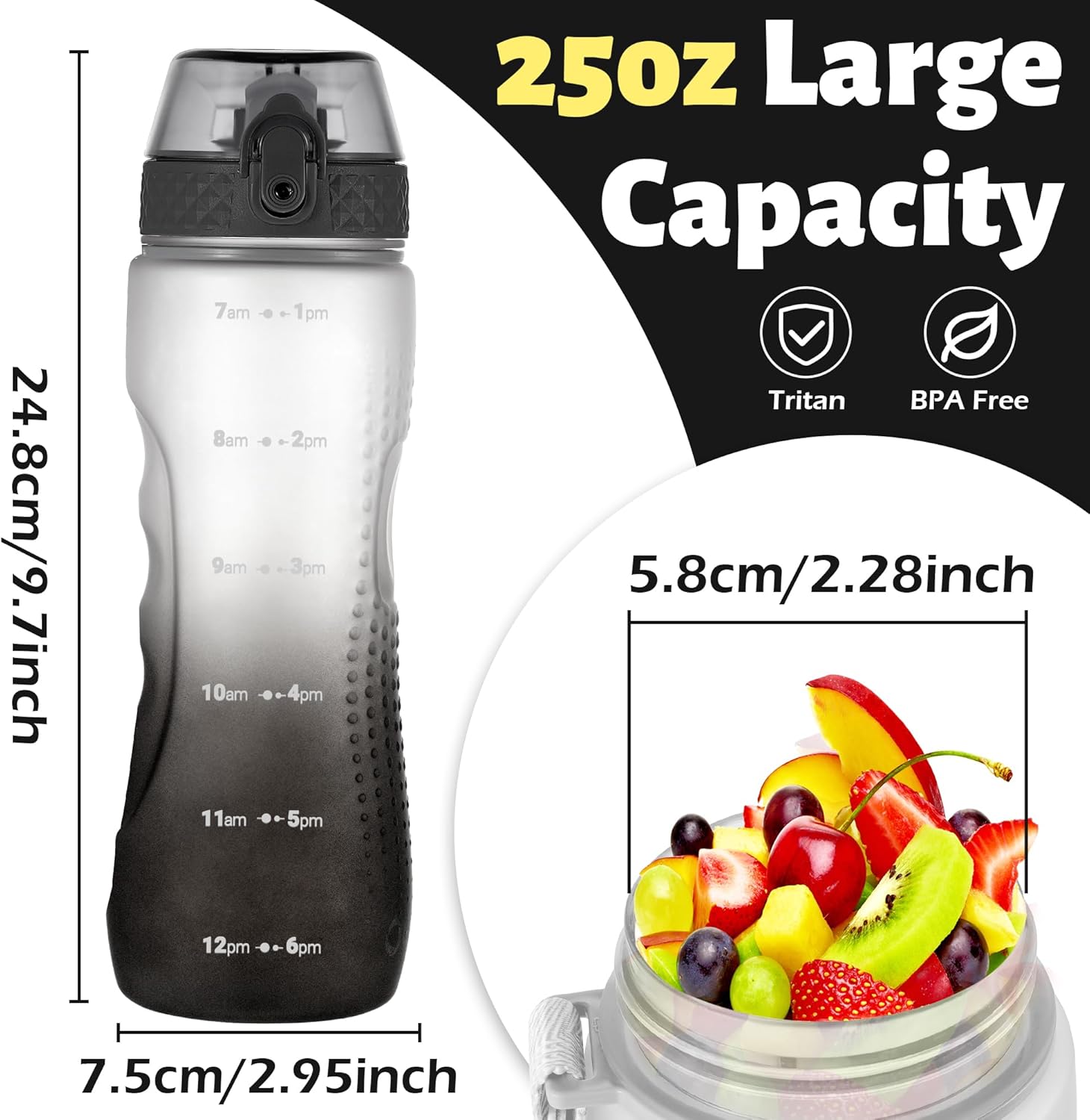 50ml/25oz Tritan Water Bottle – Leakproof BPA-Free Bottle with Straw & Time Markings