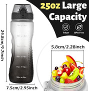 50ml/25oz Tritan Water Bottle – Leakproof BPA-Free Bottle with Straw & Time Markings
