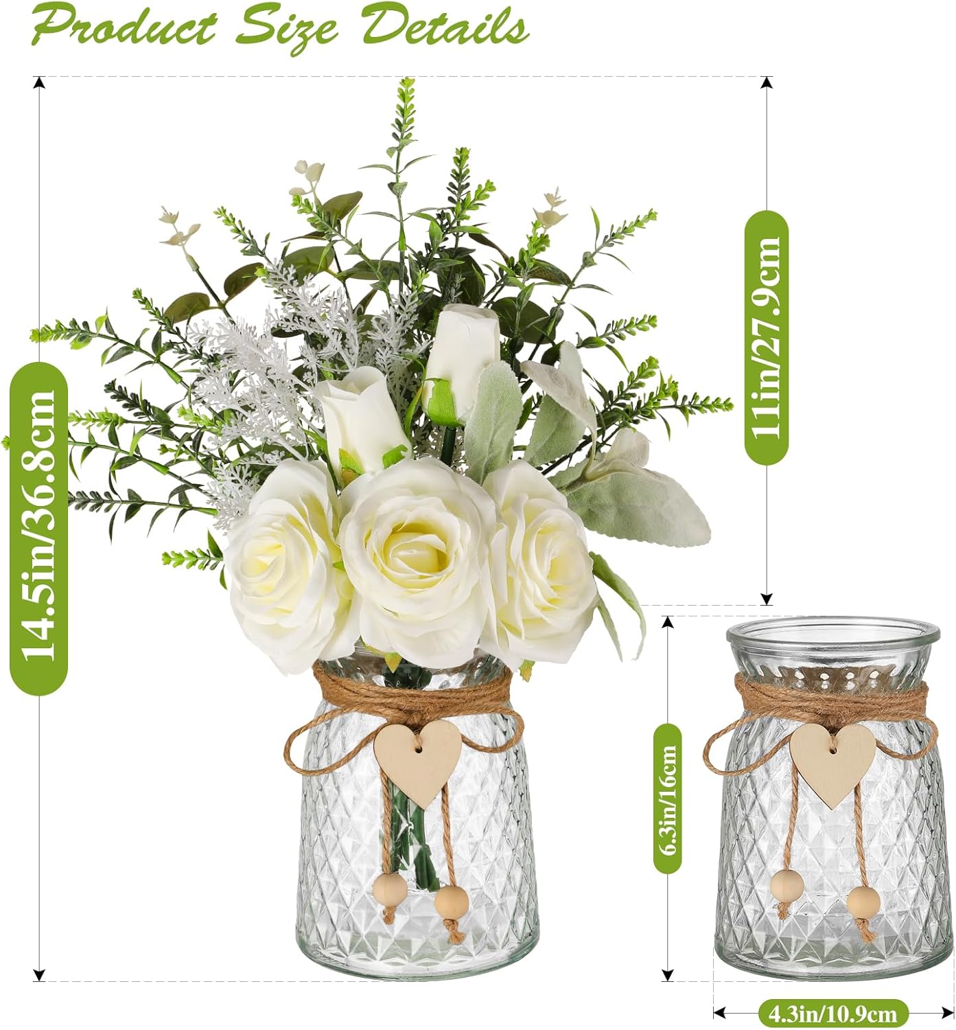 Floralsecret White Rose Faux Flowers with Vase – Artificial Floral Arrangement Décor