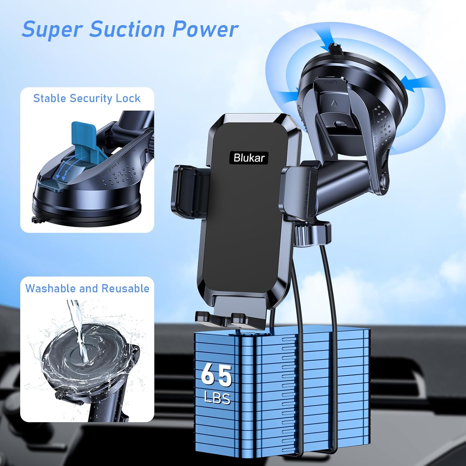 Blukar Black Car Phone Holder 360° Adjustable Mount with Strong Suction & One-Touch Release