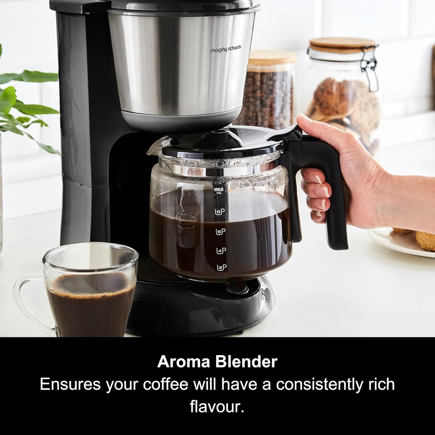 Equip 10 Cup Filter Coffee Machine with Pour Over Technology, Aroma Blender & Keep Warm Function – 1.2L Drip Coffee Maker with Reusable Filter, Anti-Drip Design & Easy View Water Level, Black/Brushed Steel