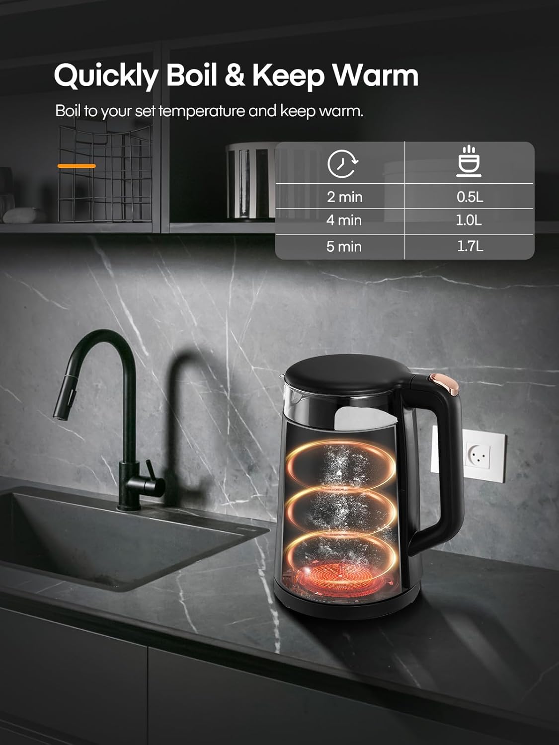 1.7L Glass Electric Tea Kettle – 5 Temp Control, Keep Warm, Fast Boil 2200W, Auto Shut-Off, LED Lights – Black